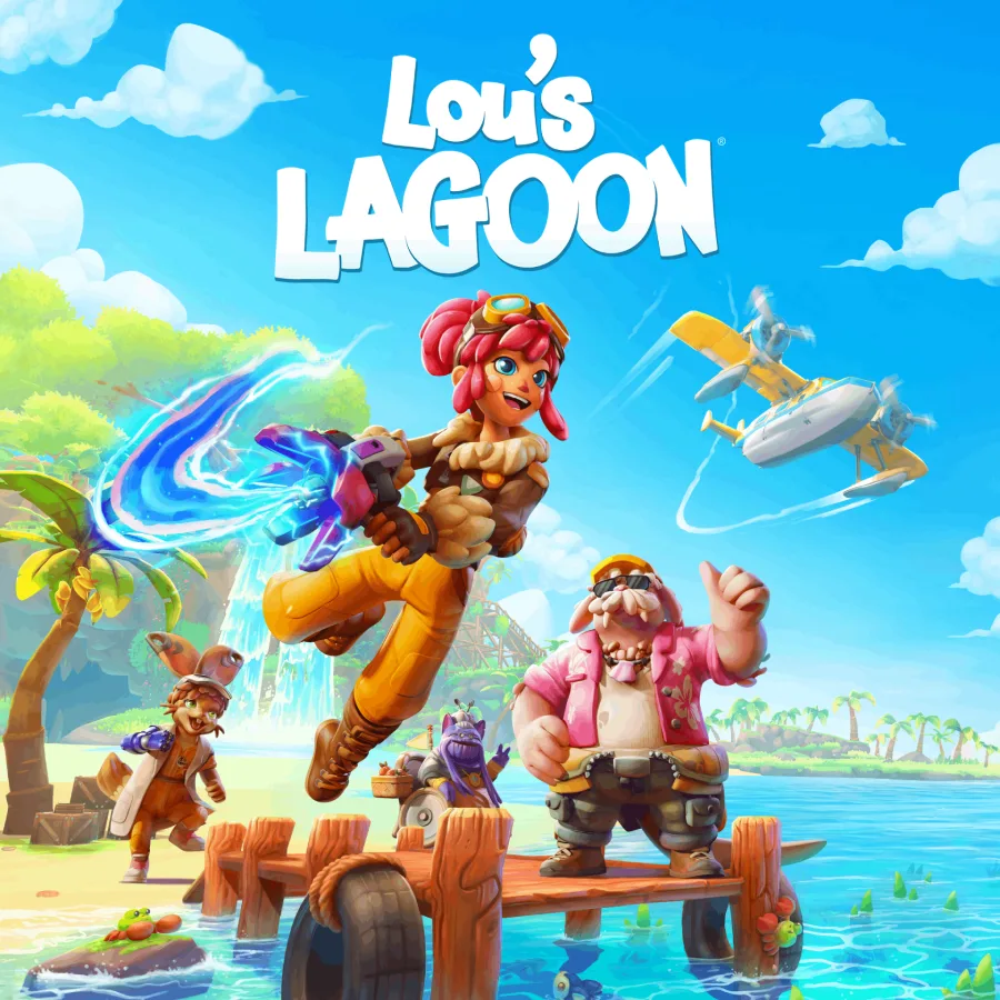 Lou's Lagoon official key art — the protagonist with the Swirler, pilot Hefti and islander friends at a seaplane dock