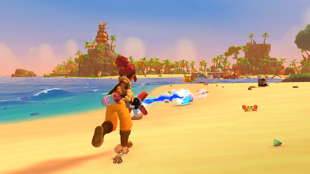 The protagonist runs along a sunny beach on Lou's Island with islands on the horizon