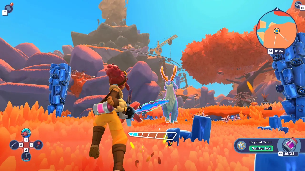 Aiming the Swirler at blue crystal formations in a fiery orange biome