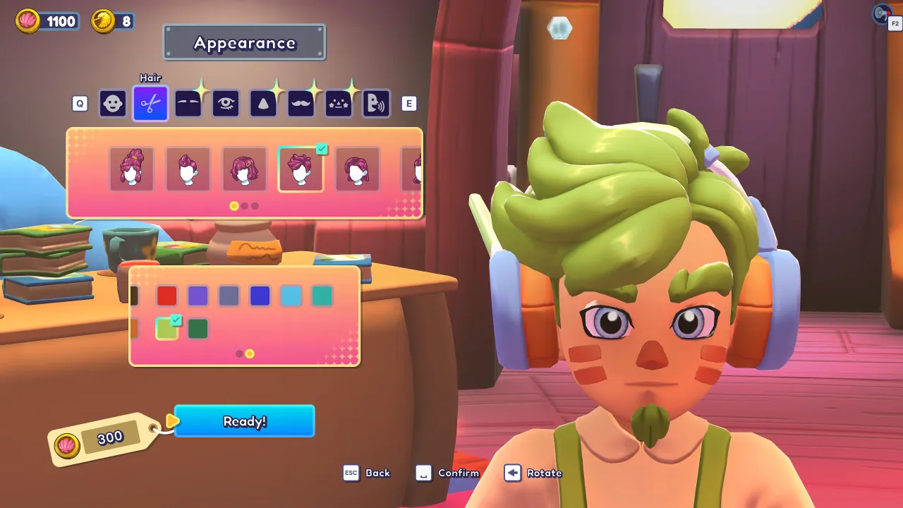 The character creation Appearance screen: hairstyle grid and color palette beside a green-haired character with headphones