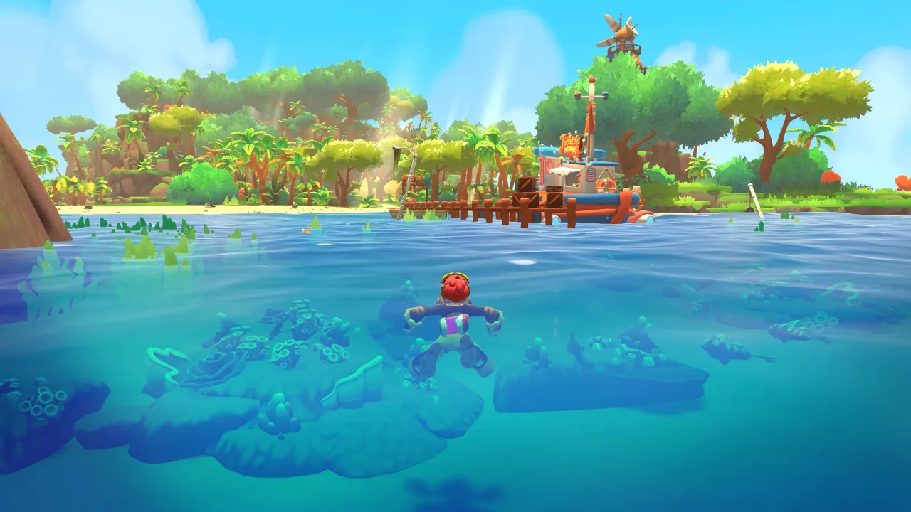 The protagonist swims across clear water toward a wooded shore