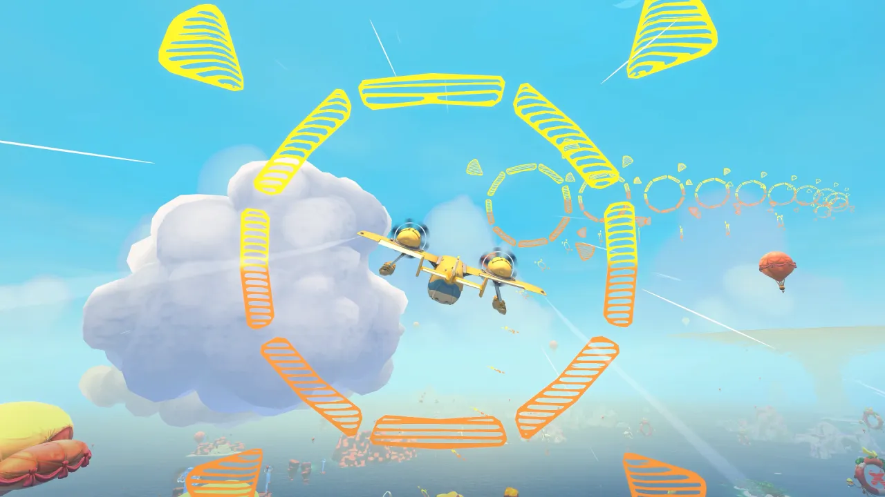 The seaplane threads glowing orange rings arranged in a circle around a cloud