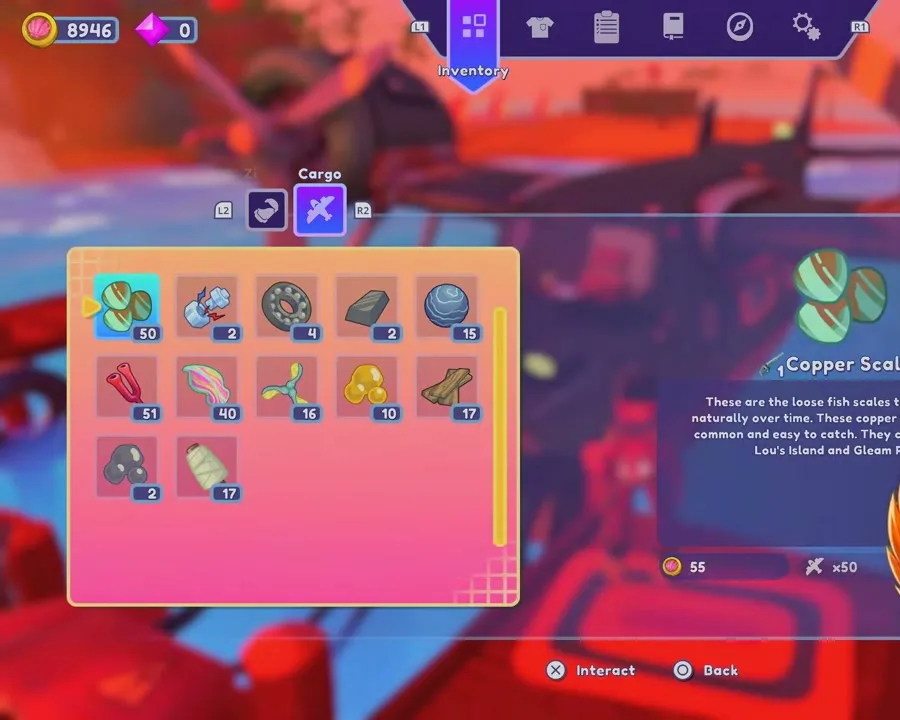 Inventory open on the Cargo tab beside a parked seaplane