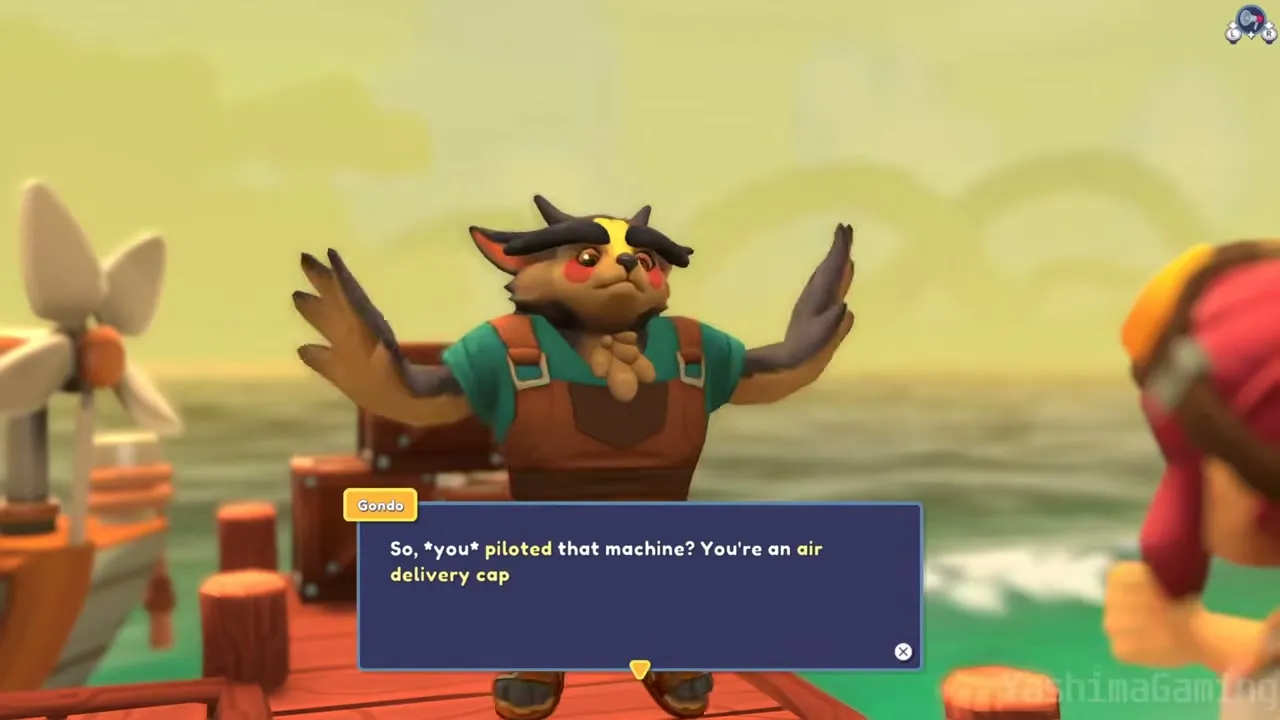 Gondo the raccoon skipper talking on a dock